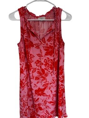LOFT Pink with Red Floral Ruffle-Trim Sleeveless Shift Dress